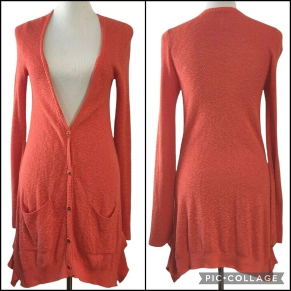 Free People Drape Red-Orange Waffle Knit Longline Buttondown Cardigan Sweater - Picture 3 of 7